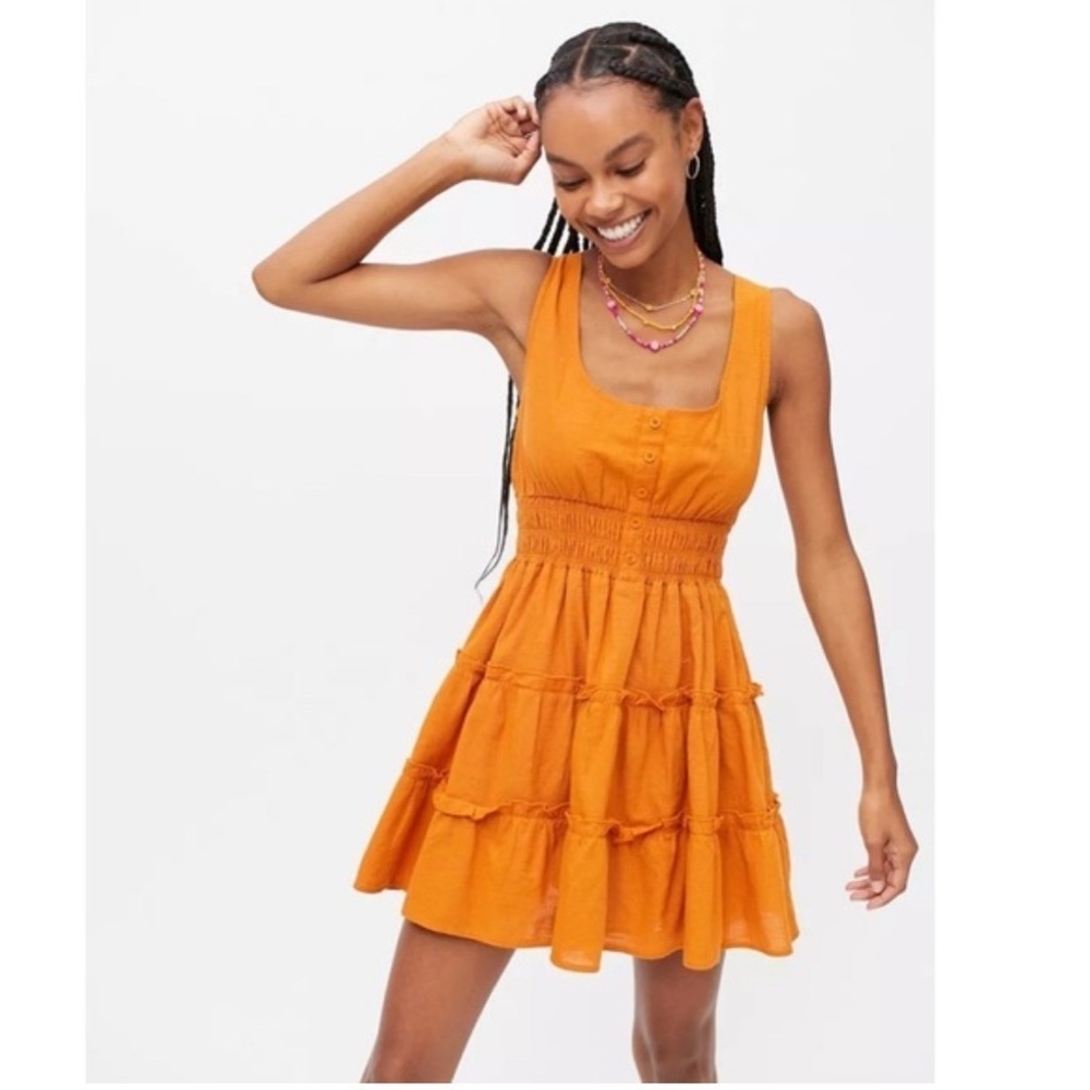 Urban Outfitters Hailey Tiered Mini Dress XS Rust Cotton Smocked Waist Boho